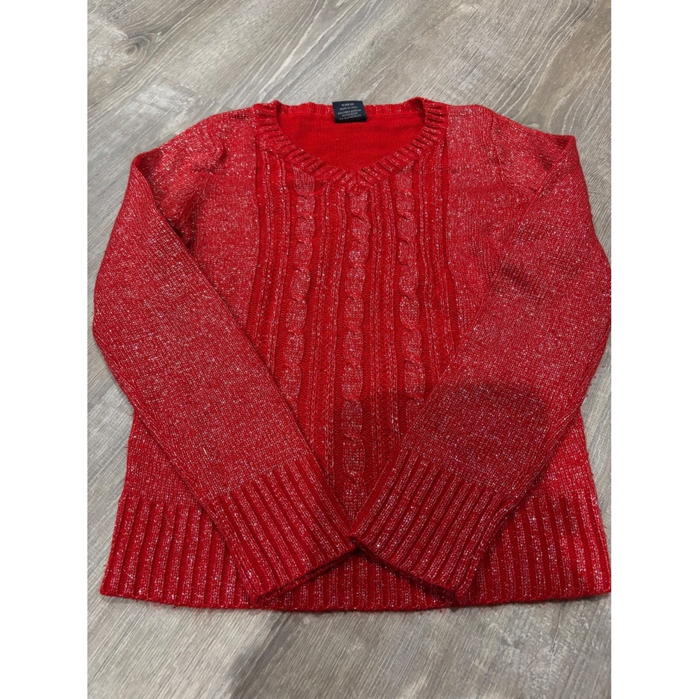 Faded Glory Red Sparkle Cable Knit V Neck Sweater Holiday Party Girls 10/12‎